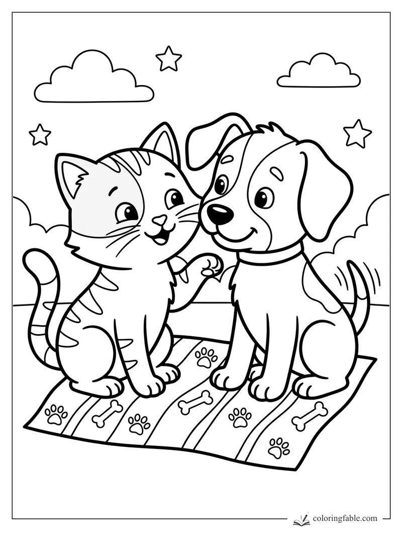 Cartoon kitten and puppy smiling on a paw-print blanket with clouds, stars, and bones