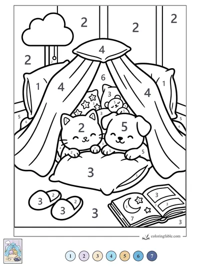 Kitten and Puppy Pillow Fort Sleepover — color by number