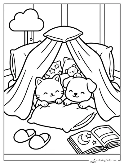 Cozy kitten and puppy in a blanket fort with pillows, teddy bear, slippers, cloud mobile, and open moon book.