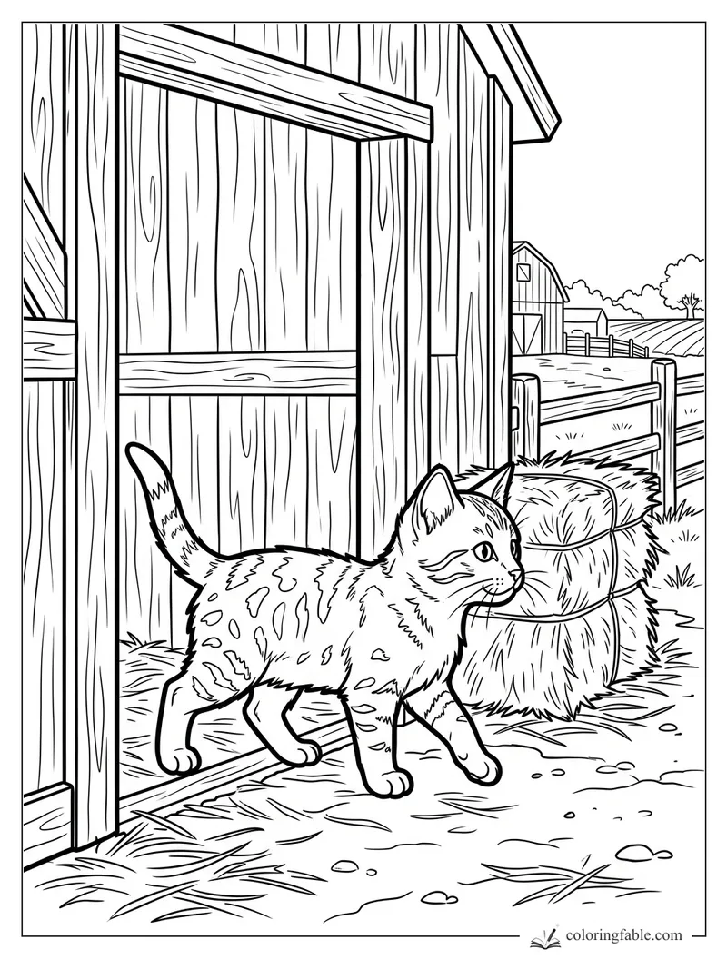 Curious kitten walking by a wooden barn, hay bales, fence, and distant farm fields