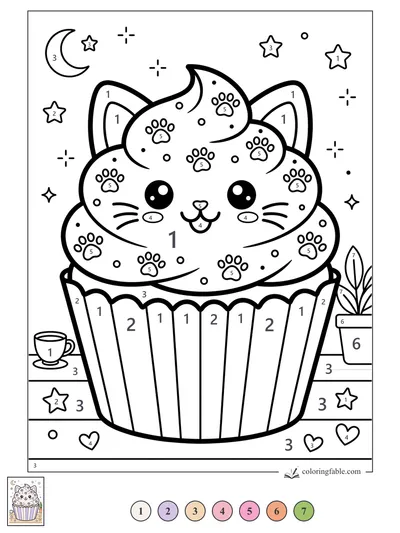 Kitten Cupcake Under the Moon — color by number