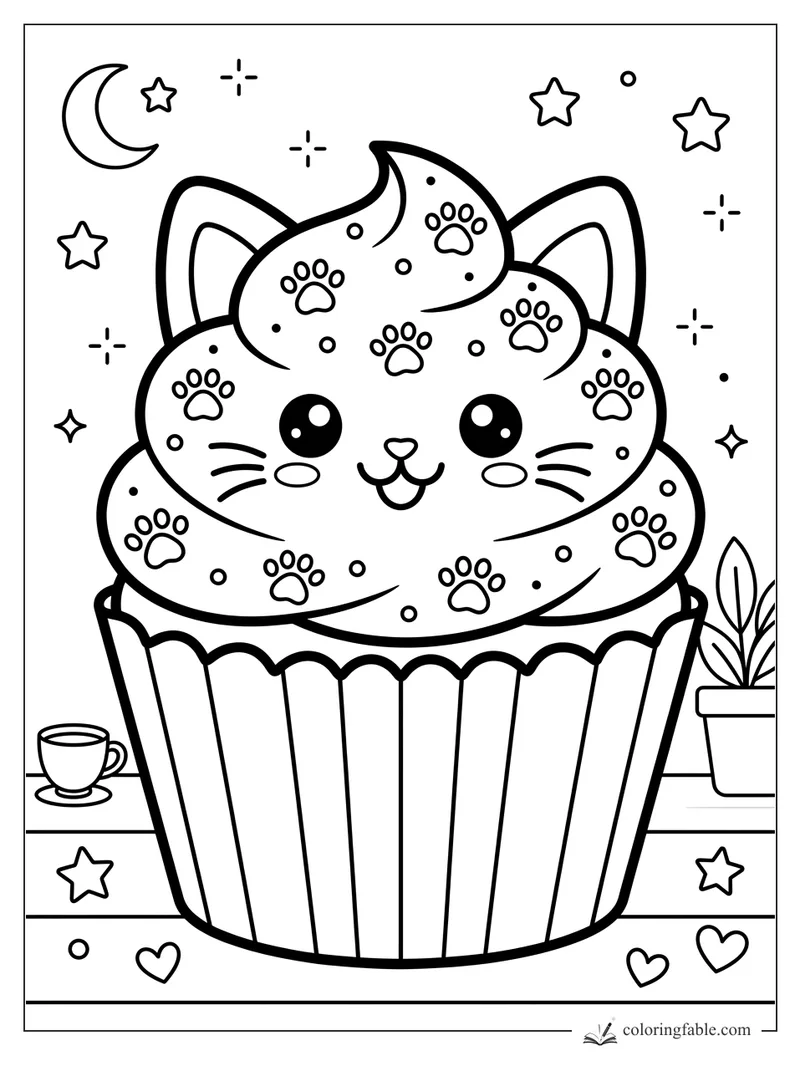 Kawaii kitten cupcake with paw-print frosting, cat ears, moon, stars, teacup, plant, and hearts.