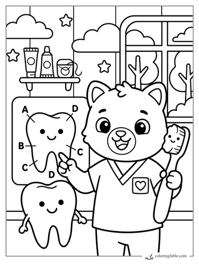 Cozy kitten dentist holding a toothbrush beside a smiling tooth chart and window clouds