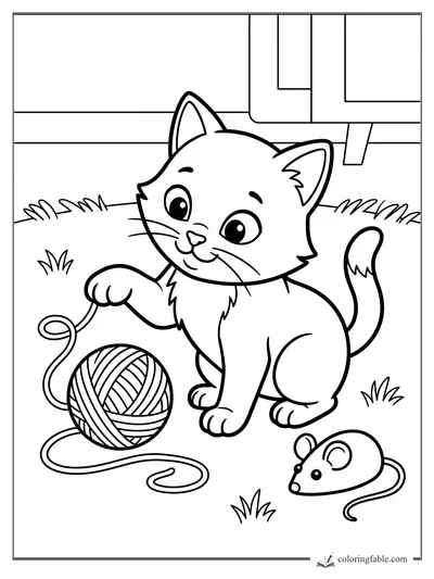 Cartoon kitten pawing a yarn ball beside a toy mouse in the grass