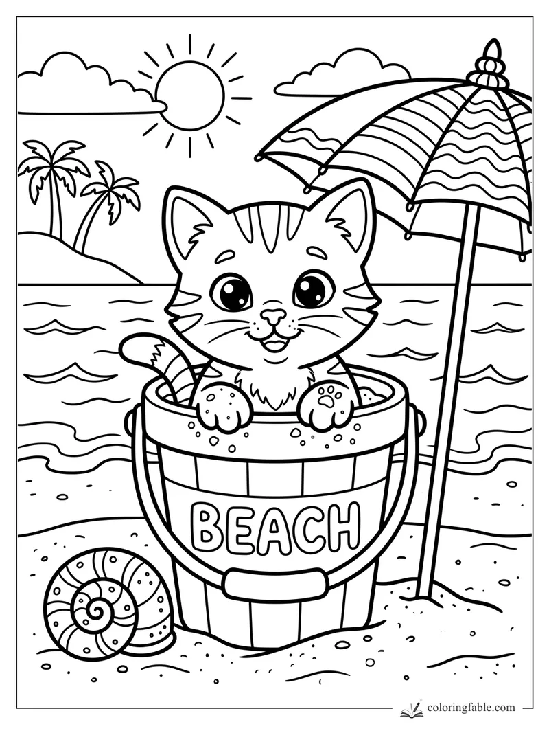 Cartoon kitten sitting in a beach bucket with umbrella, waves, sun, palm trees, and seashells.