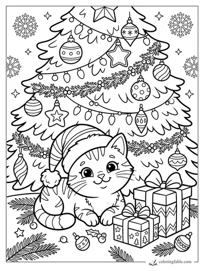 Cartoon kitten in a Santa hat under a decorated Christmas tree with presents, ornaments, garland, and snowflakes.
