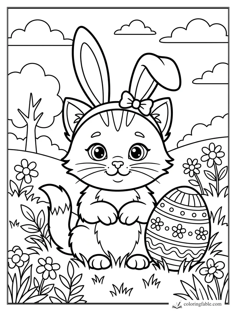 Cartoon kitten wearing bunny ears beside a patterned Easter egg in a flower meadow.