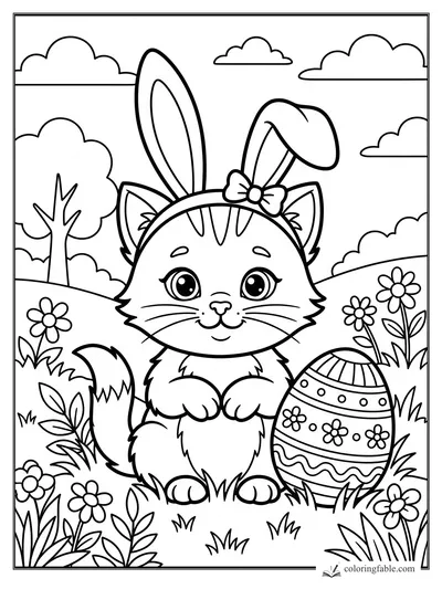 Cartoon kitten wearing bunny ears beside a patterned Easter egg in a flower meadow.