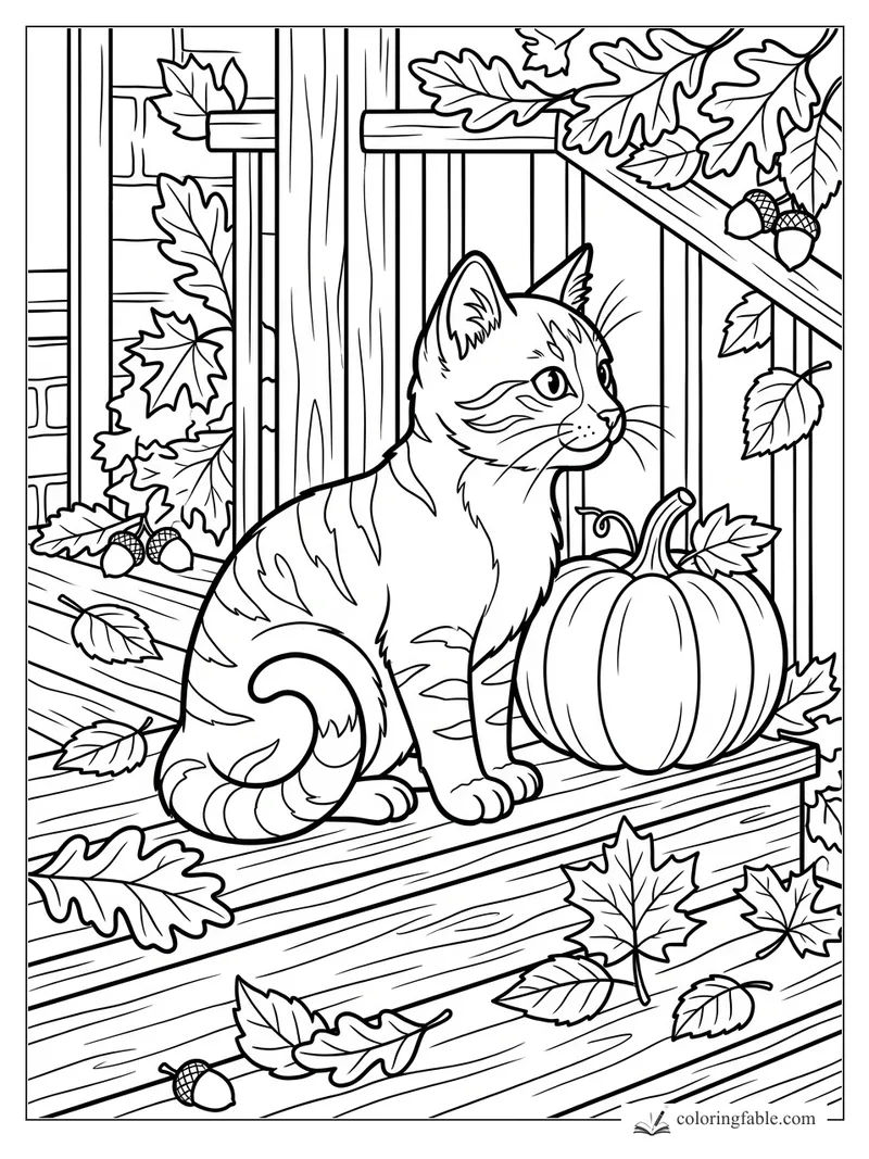 Striped kitten sitting beside a pumpkin on a wooden porch with fall leaves and acorns.
