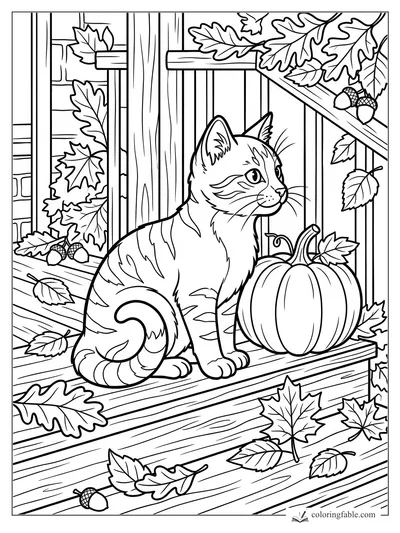 Striped kitten sitting beside a pumpkin on a wooden porch with fall leaves and acorns.