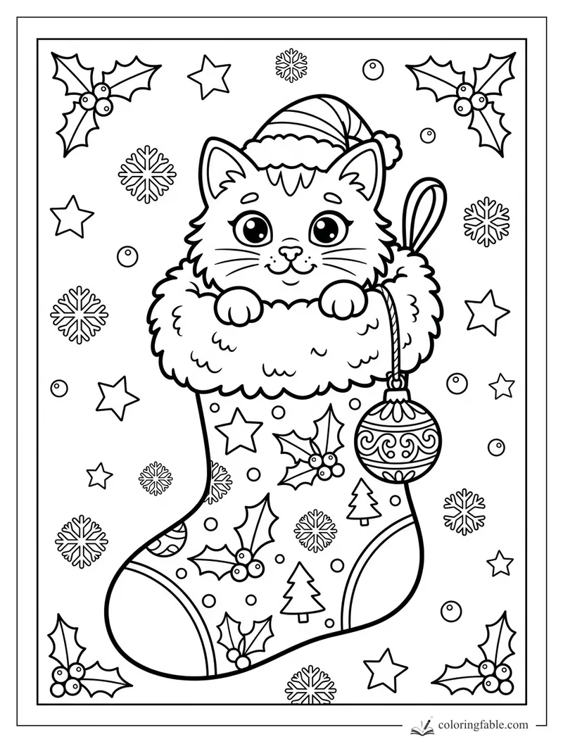 Cartoon kitten in a fluffy Christmas stocking with holly, snowflakes, stars, and a hanging ornament