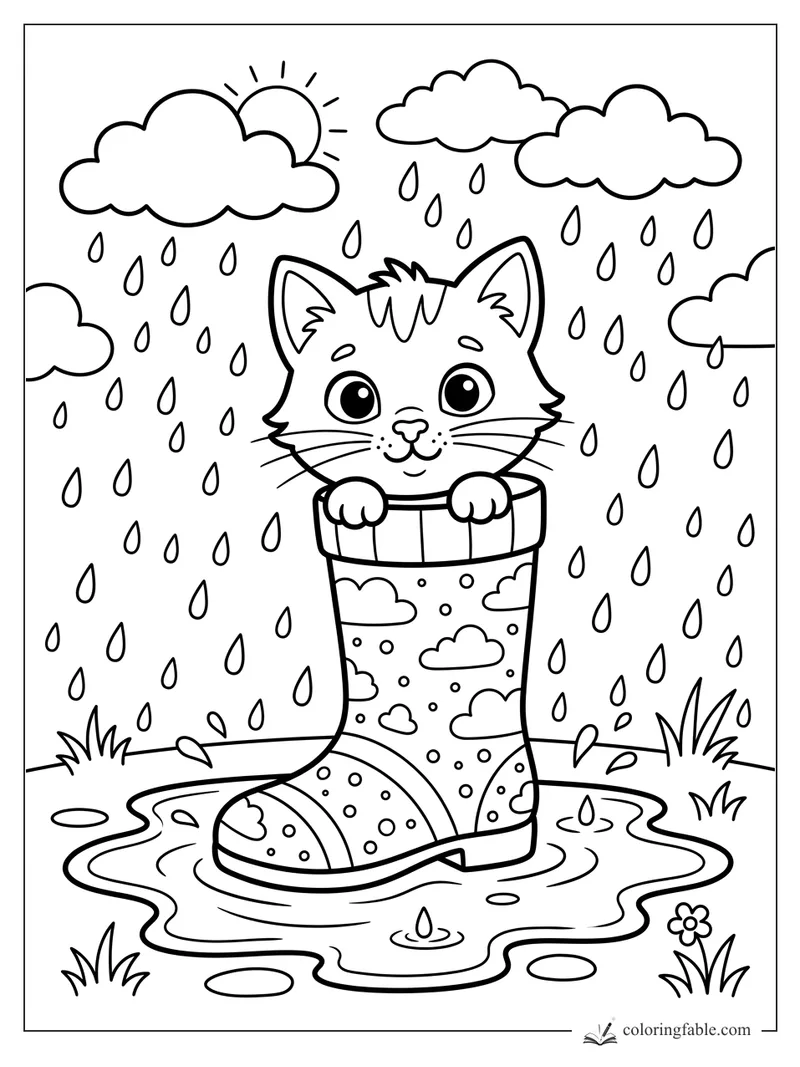 Cartoon kitten peeking out of a patterned rain boot in a puddle under rainy clouds and sun.