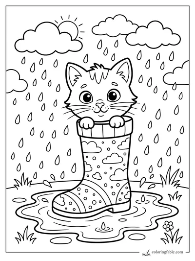 Cartoon kitten peeking out of a patterned rain boot in a puddle under rainy clouds and sun.