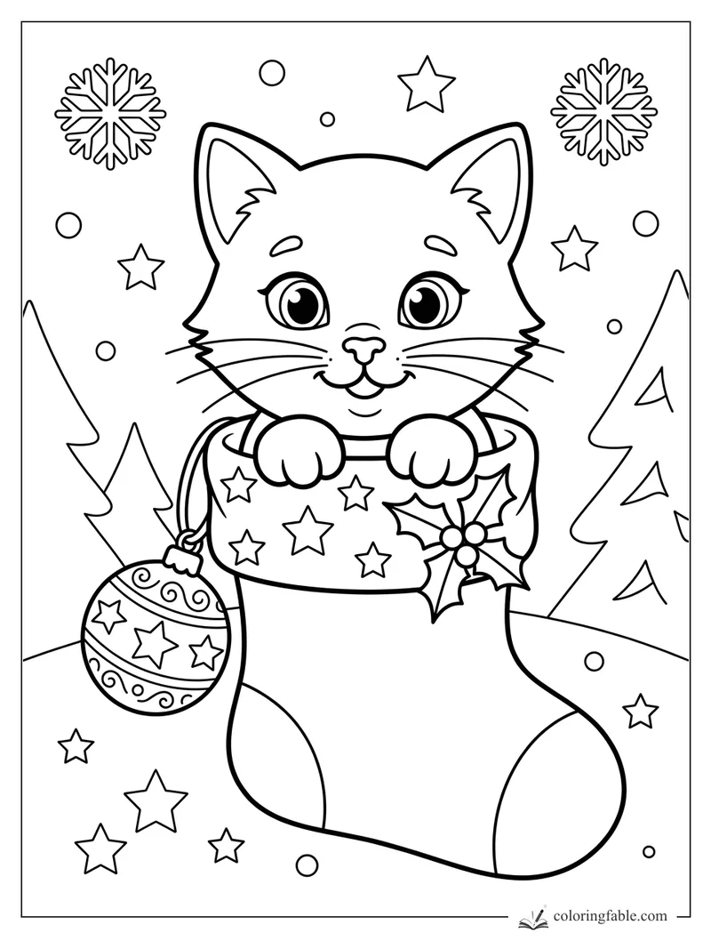 Cartoon kitten peeking from a starry stocking with snowflakes, holly, ornament, trees, and stars.