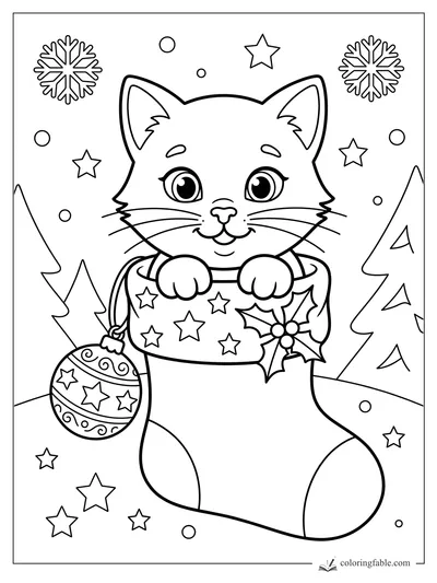 Cartoon kitten peeking from a starry stocking with snowflakes, holly, ornament, trees, and stars.