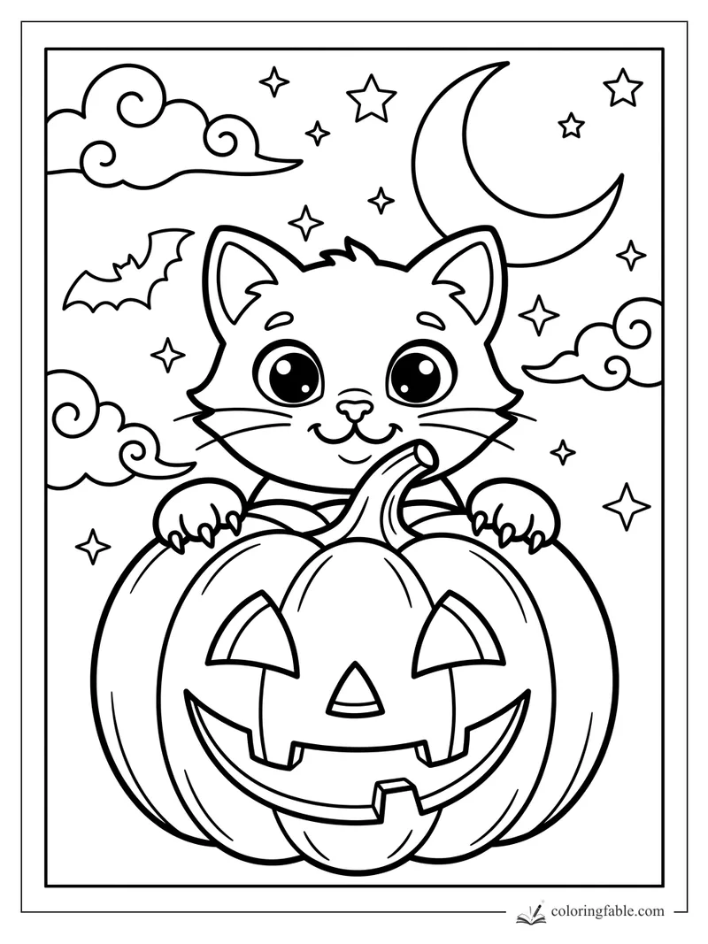 Cartoon kitten peeking over a smiling jack-o’-lantern under a crescent moon, stars, clouds, and a bat