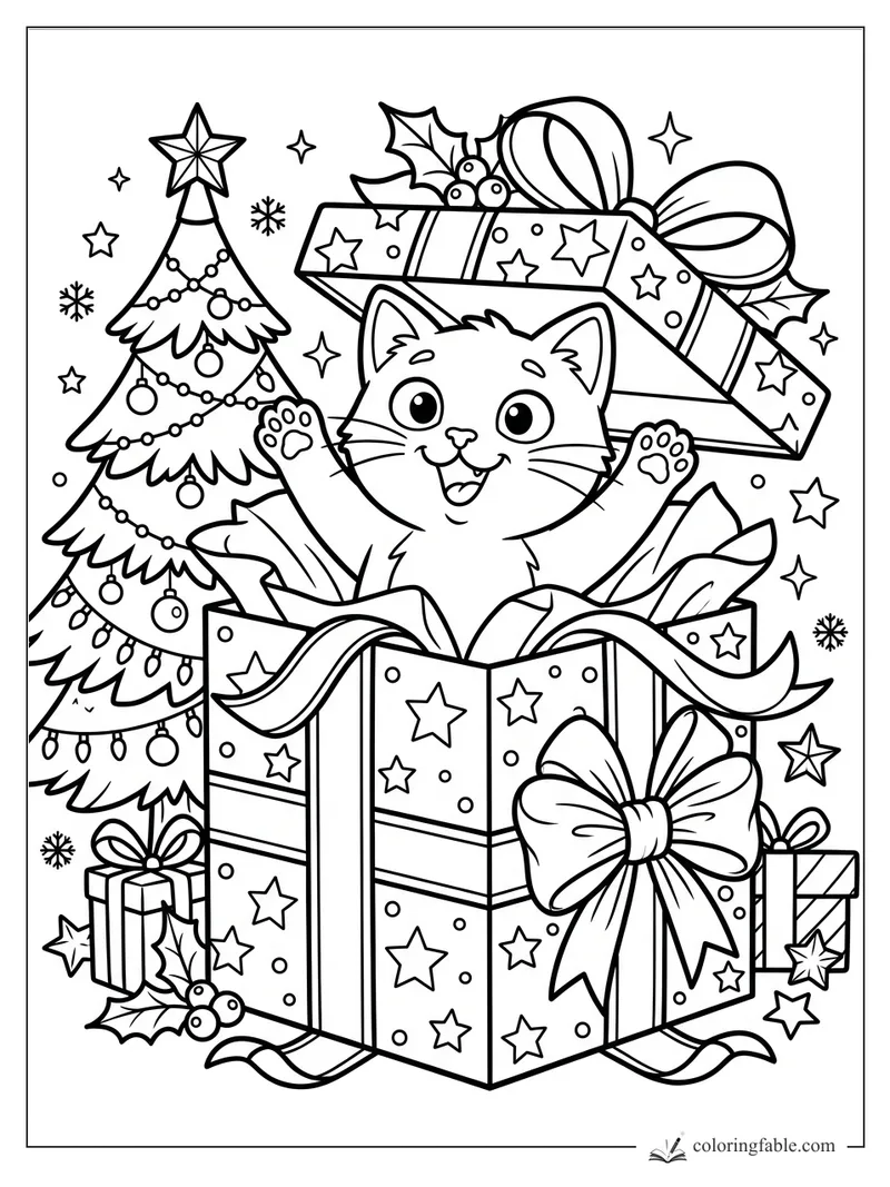 Cartoon kitten popping from a starry Christmas present beside a decorated tree and holly