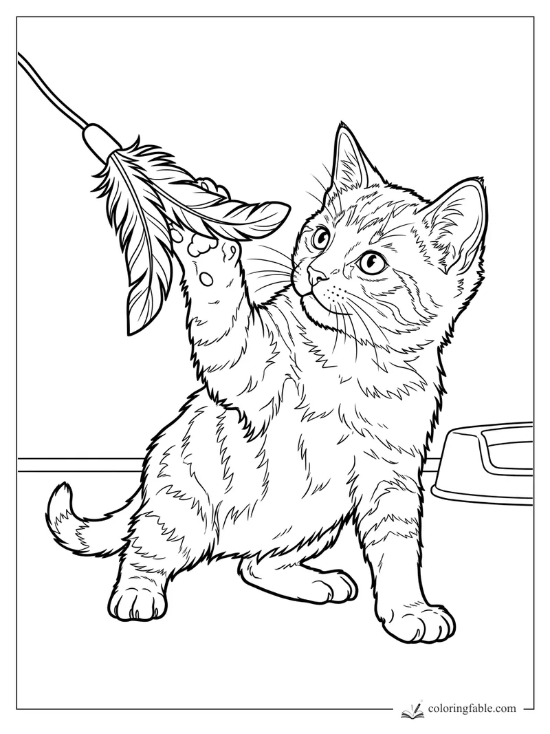 Realistic kitten reaching up to swat a feather wand beside a small pet bowl