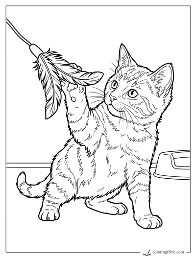 Realistic kitten reaching up to swat a feather wand beside a small pet bowl