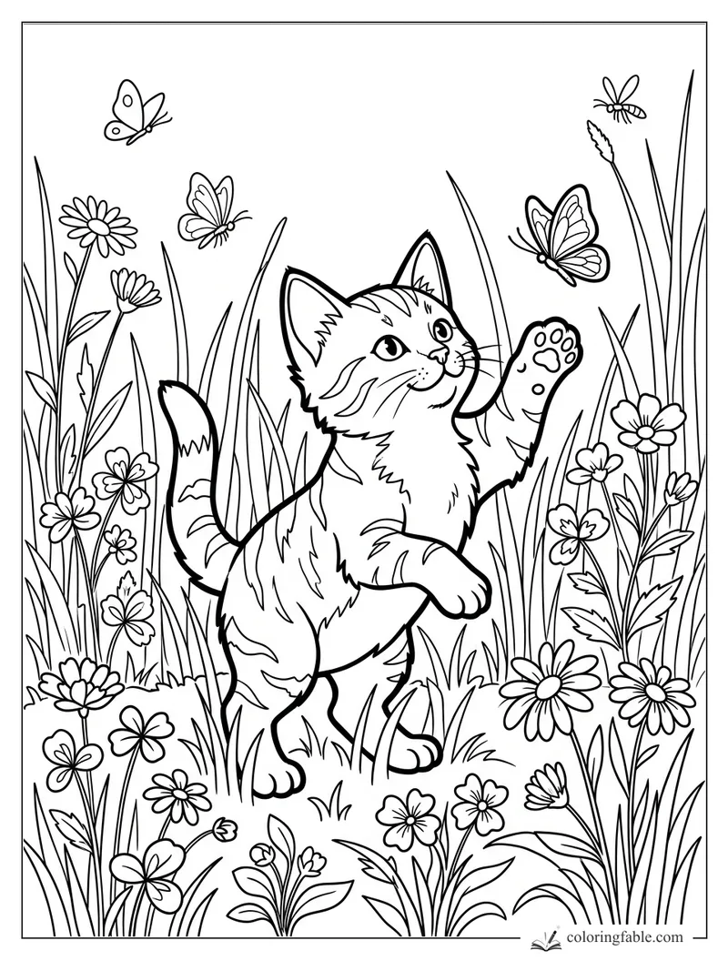Playful kitten standing on hind legs among daisies, clover, tall grass, and butterflies