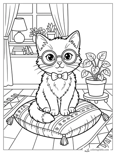 Cartoon kitten in round glasses and bow tie sitting on a patterned cushion by plants and a window.