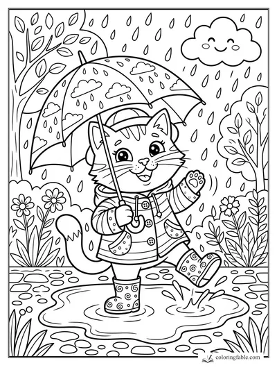 Cartoon kitten in raincoat and boots splashes in a puddle under a cloud-pattern umbrella.