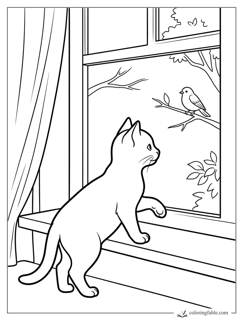 Kitten with paws on a windowsill watching a bird on a tree branch outside