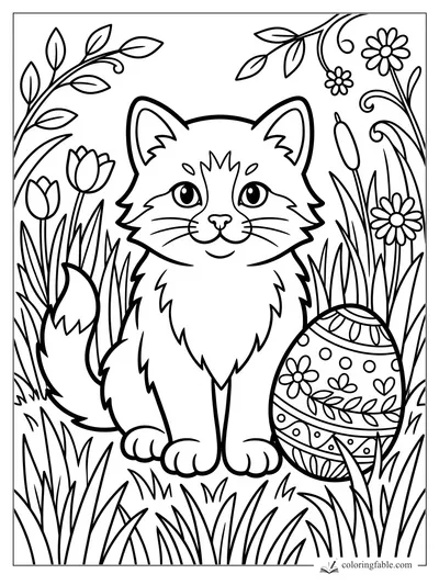 Cute kitten sitting in tall grass beside a patterned egg, tulips, daisies, cattails, and leafy vines.