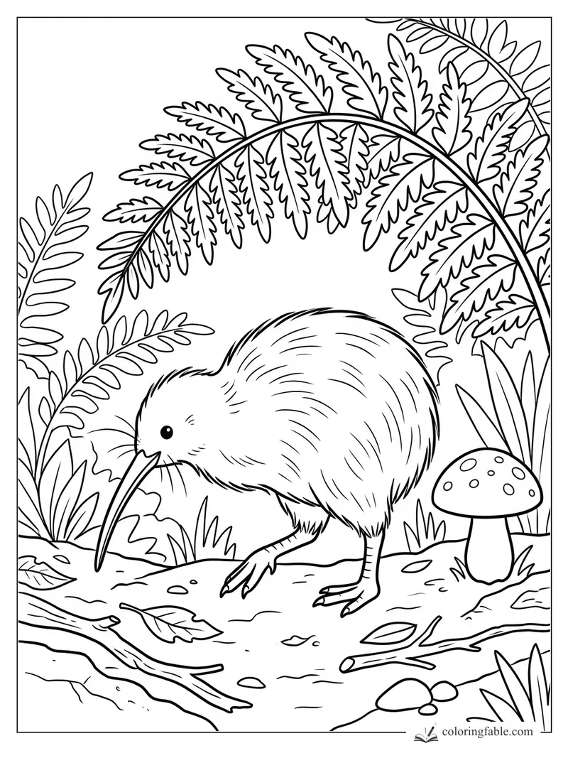 Minimalist kiwi bird with long beak under fern leaves, beside a spotted mushroom on the forest floor.