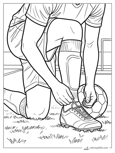 Realistic soccer player kneeling on grass to tie a cleat beside a ball and goal line
