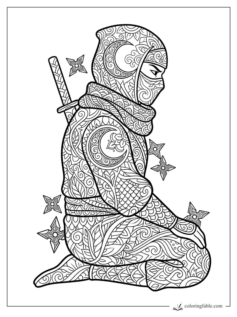 Intricate zentangle ninja kneeling with sword, mask, crescent moon patterns, and scattered shuriken.