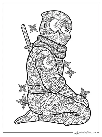 Intricate zentangle ninja kneeling with sword, mask, crescent moon patterns, and scattered shuriken.