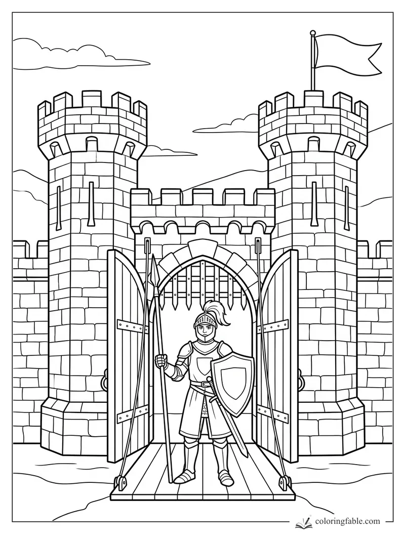 Knight with spear and shield standing on an open drawbridge between castle towers