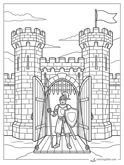 Knight with spear and shield standing on an open drawbridge between castle towers