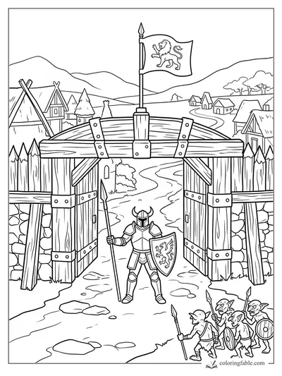 Knight with spear and lion shield guards an open wooden gate as goblins approach a hill village.