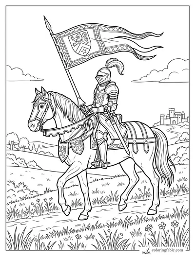 Realistic knight on horseback carrying a lion banner, with castle, fields, clouds, and flowers