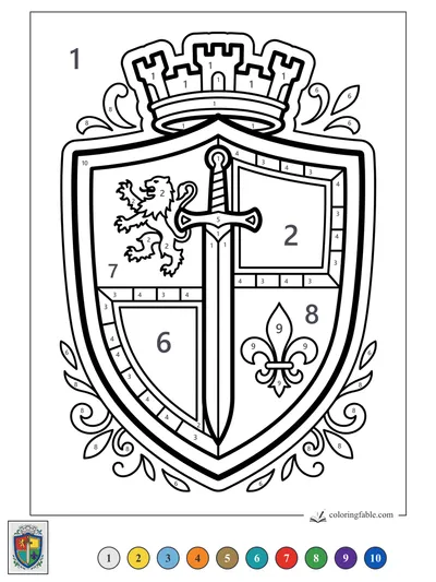 Knight Crest with Sword, Lion, and Castle Crown — color by number