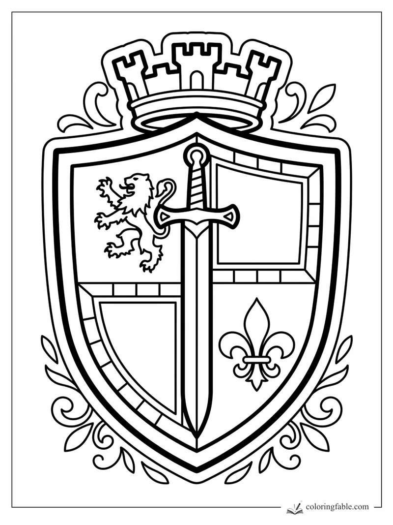 Knight crest coloring page with a sword, lion, fleur-de-lis, castle crown, and leafy scrollwork.