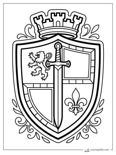 Knight crest coloring page with a sword, lion, fleur-de-lis, castle crown, and leafy scrollwork.