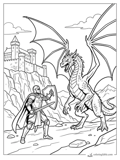 Realistic knight with sword and shield confronting a winged dragon below a cliffside castle