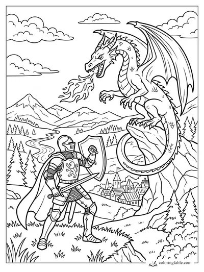 Knight with shield faces a fire-breathing dragon on a cliff above mountains and a village