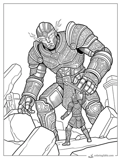 Intricate engraving of a small knight raising a sword before a towering rune-armored giant among broken stones.