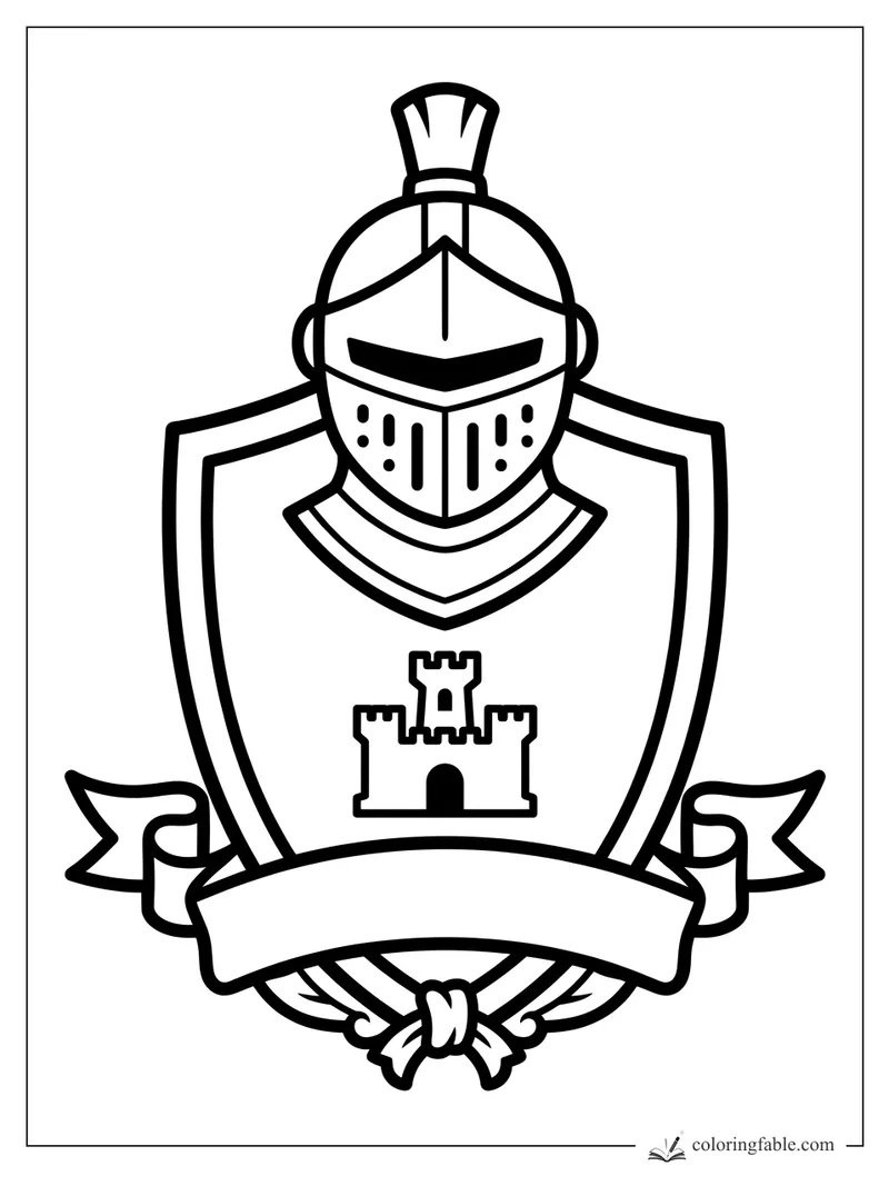 Minimalist knight helmet above a large shield with a castle badge, side flags, crossed swords, and blank banner