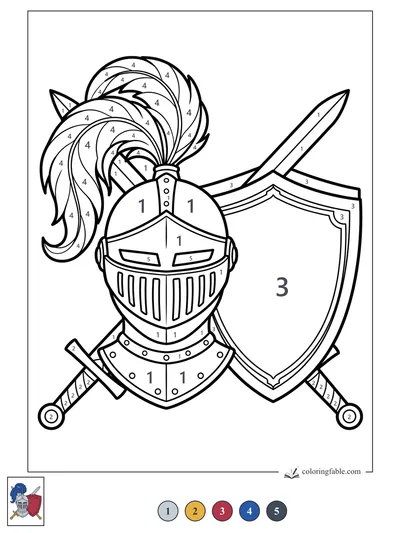 Knight Helmet with Feather Plume and Shield — color by number