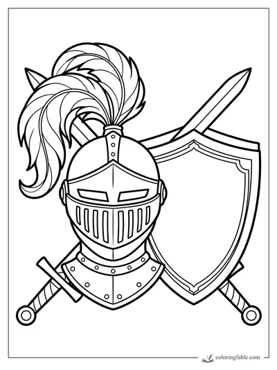 Knight helmet with tall feather plume, crossed swords, and a blank shield coloring page