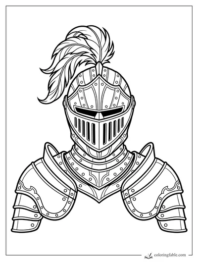 Realistic knight helmet with closed visor, riveted armor, shoulder plates, and tall feather plume
