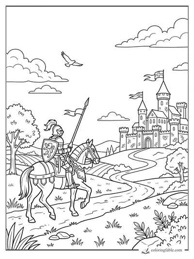 Knight on horseback with lance and lion shield riding toward a turreted castle under clouds