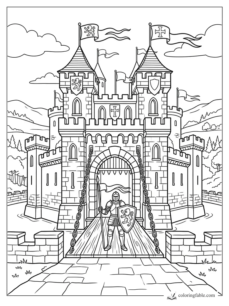 Castle coloring page with a knight on a lowered drawbridge, flags, towers, chains, clouds, and hills.