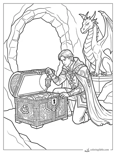 Realistic fantasy knight opens an ornate treasure chest while a dragon watches in a cave arch.
