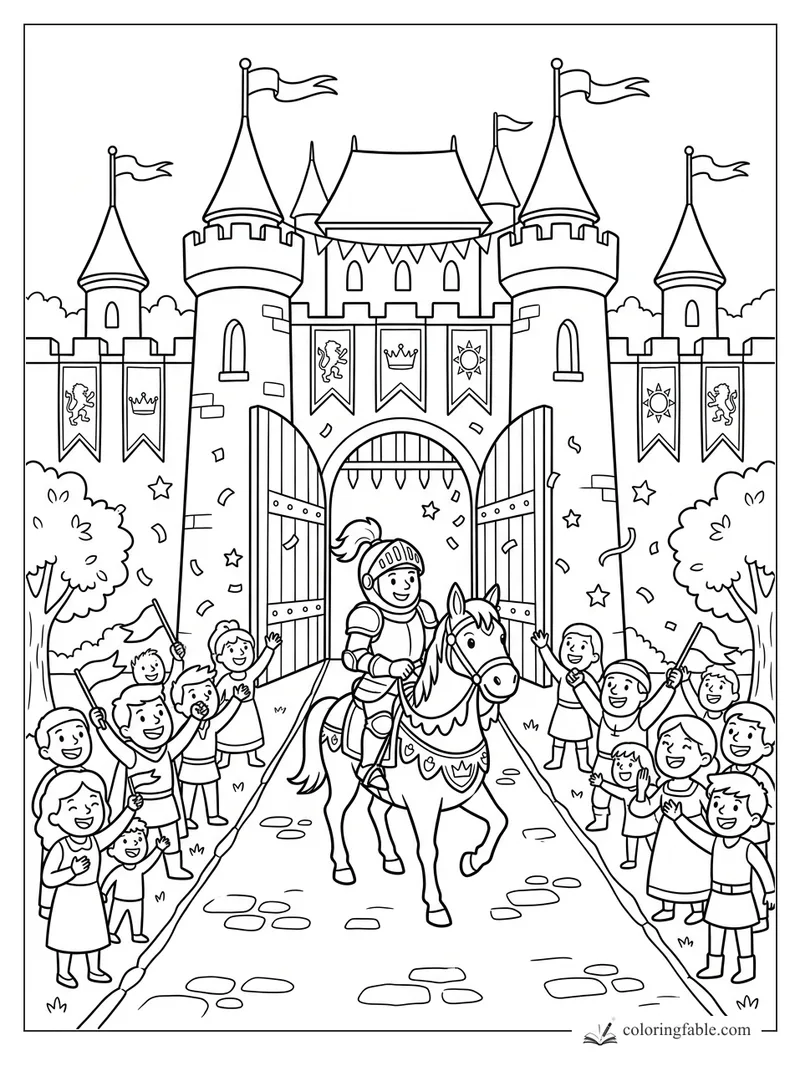 Cartoon knight on horseback entering a castle gate as cheering children wave flags and confetti falls.